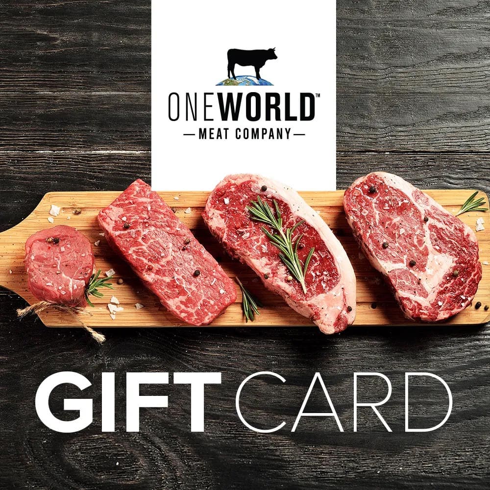 Gift card for One World Meat Company with raw meat on a wooden board.