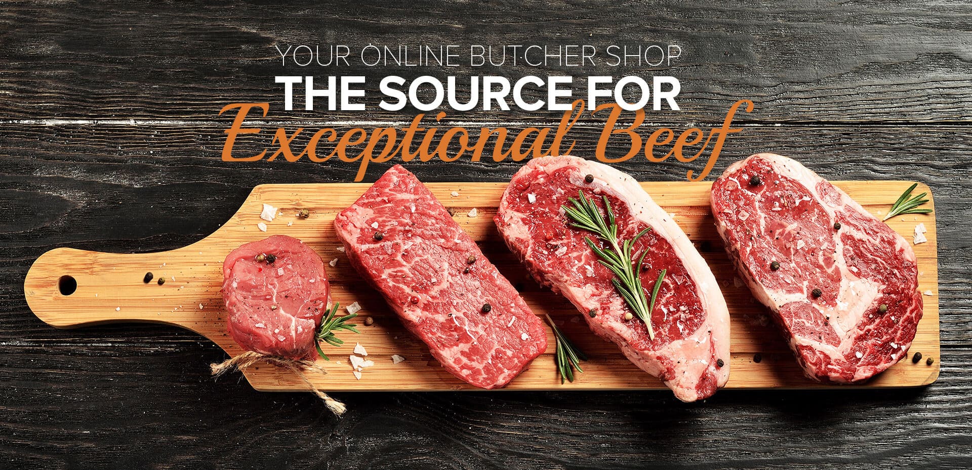 Wooden cutting board with raw beef on a dark wooden background, promoting an online butcher shop.
